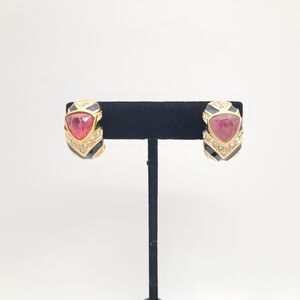 Dior Vintage Chunky Gold and Black Earrings with large Pink / Red Gems - Signed